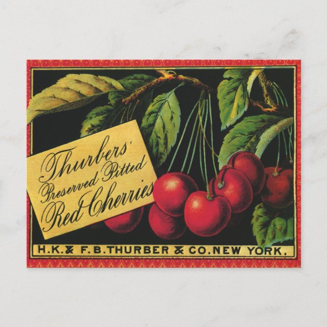 Vintage Fruit Crate Label Art, Thurber Cherries Postcard (Front)