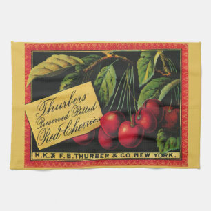 Vintage Fruit Crate Label Art, Thurber Cherries Tea Towel
