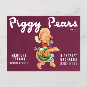 Vintage Fruit Crate Label Art with Piggy Pears Postcard