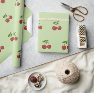 Vintage Fruit Green & Red Cherry Pattern Spring Wrapping Paper