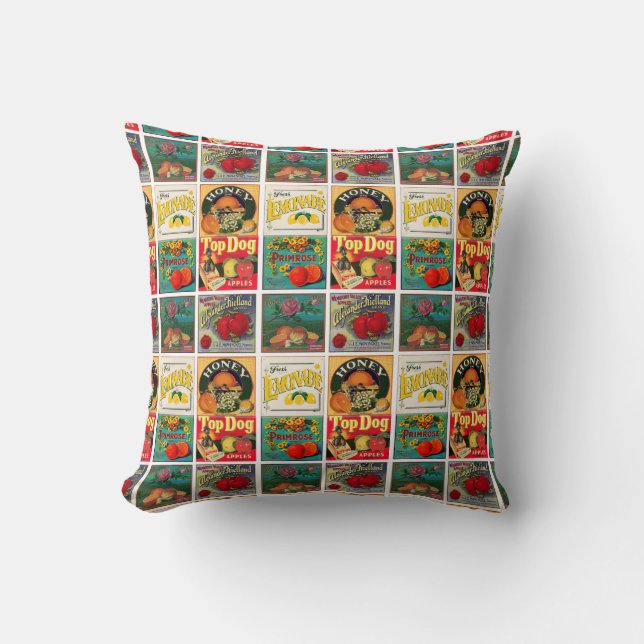 Vintage Fruit Label Pattern Cushion (Front)