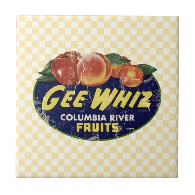 Vintage Fruit Label Peaches, Funny Gee Whiz Tile (Front)