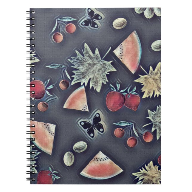 Vintage fruits berry cherry watermelon grape dark notebook (Front)