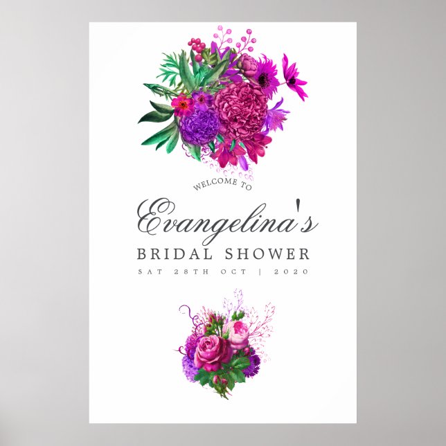 Vintage Fuchsia and Purple Bridal Shower Welcome Poster (Front)