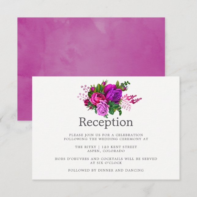 Vintage Fuchsia & Purple Shabby Wedding Reception Invitation (Front/Back)