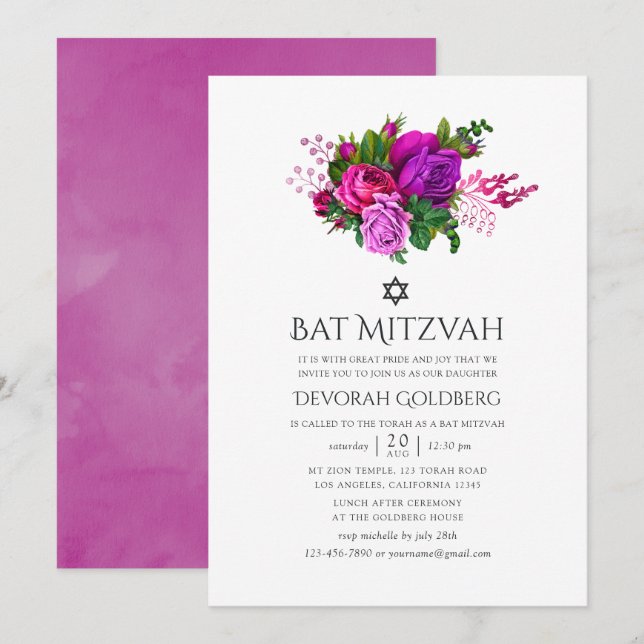 Vintage Fuchsia Shabby Floral Bat Mitzvah Invitation (Front/Back)
