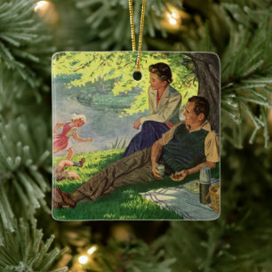 Vintage Fun Family Picnic Under a Shade Tree Ceramic Tree Decoration