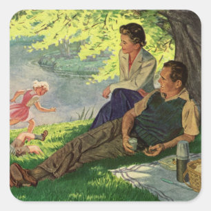 Vintage Fun Family Picnic Under a Shade Tree Square Sticker