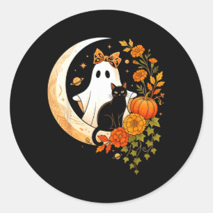 Vintage Fun Halloween Ghost Holding Black Cat Classic Round Sticker