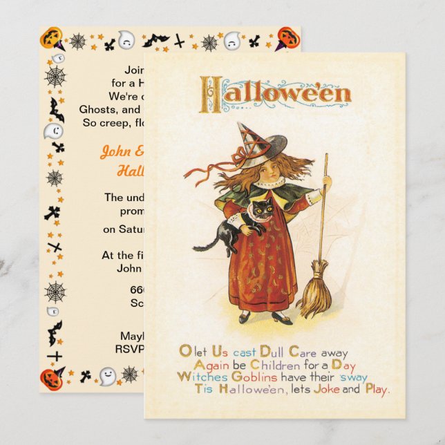 Vintage Fun Little Witch Halloween Invitation (Front/Back)