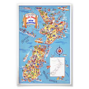 Vintage Fun Map of New Zealand Poster