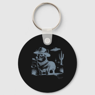 Vintage Funny 90s Western Cowboy Corgi Ufo  Key Ring