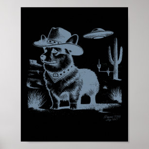 Vintage Funny 90s Western Cowboy Corgi Ufo  Poster