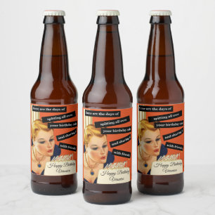 Vintage Funny Birthday Woman Blowing Out Candles  Beer Bottle Label