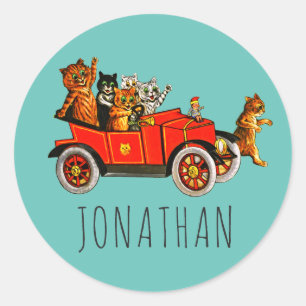 Vintage Funny Cartoon Cats Kittens in Classic Car  Round Sticker