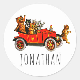 Vintage Funny Cartoon Cats Kittens in Classic Car  Round Sticker