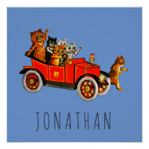 Vintage Funny Cartoon Cats Kittens in Retro Car 