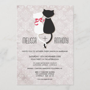 Vintage Funny Cat Couple Damask Wedding Invite