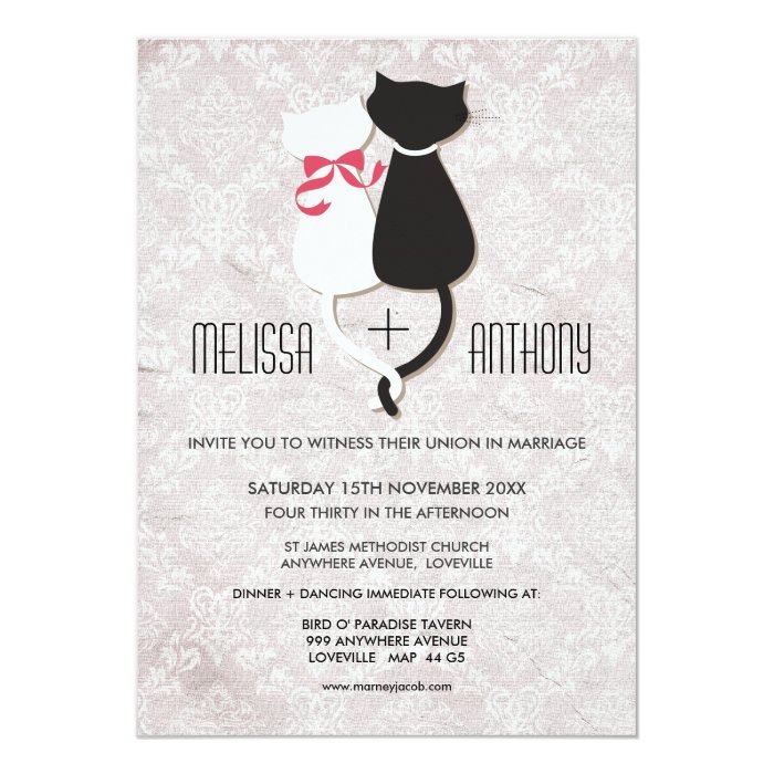 Vintage Funny Cat Couple Damask Wedding Invite Zazzle