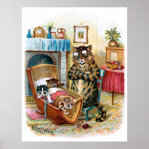 Vintage Funny Cat & Kittens In Cradle Poster
