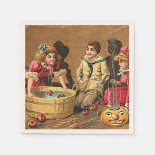 Vintage Funny Children Bobbing for Apples at Party Napkin