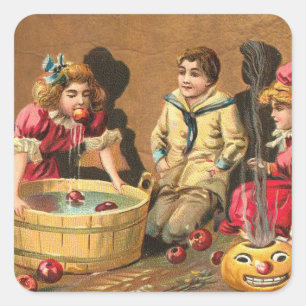 Vintage Funny Children Bobbing for Apples at Party Square Sticker