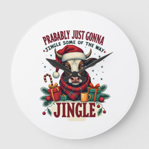 Vintage Funny Christmas Highland Cow Jingle Bell C Large Clock