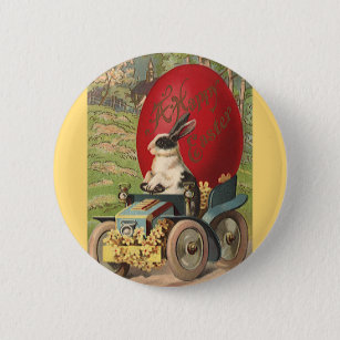 Vintage Funny Easter, Bunny Rabbit Egg Automobile 6 Cm Round Badge