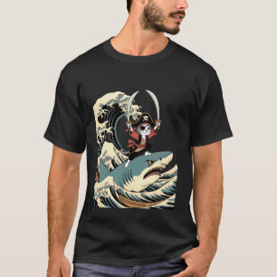 Vintage Funny Pirate Cat Riding a Shark Japanese W T-Shirt