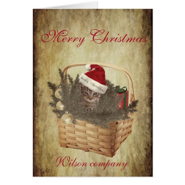 Vintage Funny Santa kitten in the basket  (Front)