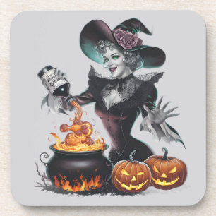 Vintage Funny Witch Cauldron Blessed Halloween Coaster