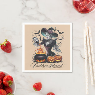 Vintage Funny Witch Cauldron Blessed Halloween Napkin