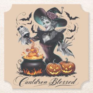 Vintage Funny Witch Cauldron Blessed Halloween Paper Coaster