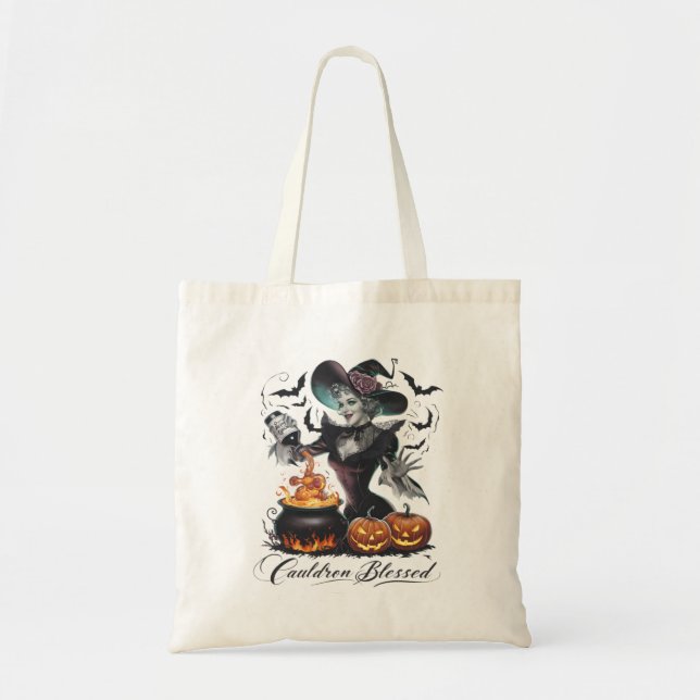 Vintage Funny Witch Cauldron Blessed Halloween Tote Bag (Front)