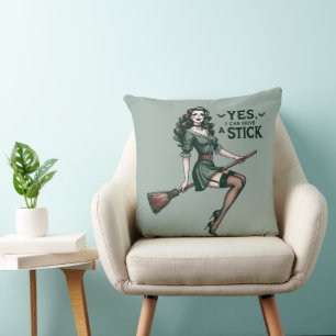 Vintage Funny Witch I Can Drive a Stick Halloween Cushion