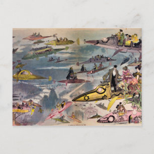 Vintage Futuristic Flying Machines Colour Art Postcard