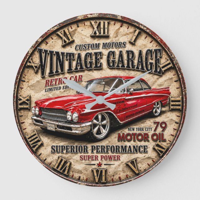 Vintage Garage Retro Red Classic Car  Large Clock (Front)