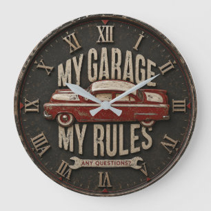 Vintage Garage Rules Classic Retro Car Garage Deco Large Clock