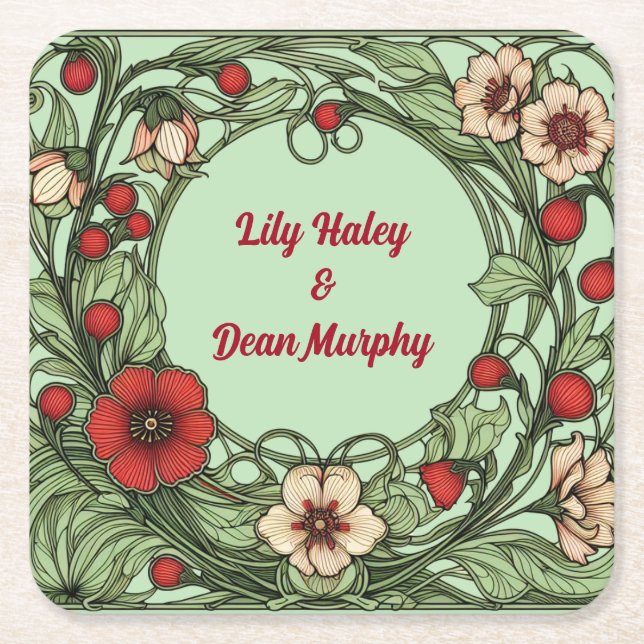Vintage Garden Art Nouveau Wedding Square Paper Coaster (Front)