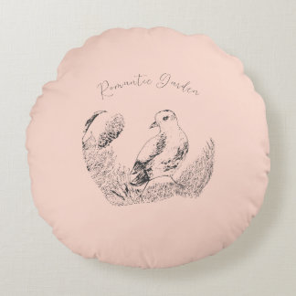 Vintage Garden Bird – Black-White Botanical Art Round Cushion