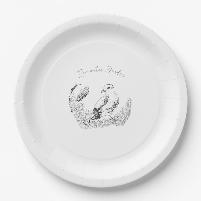 Vintage Garden Bird – Mono Elegance Whisper Paper Plate (Front)