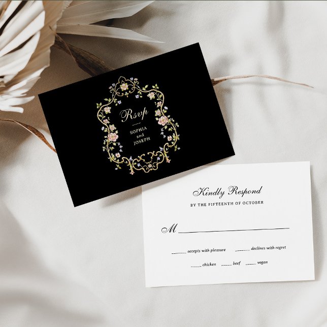 Vintage Garden Black | Colourful Luxe Wedding RSVP Card (Creator Uploaded)