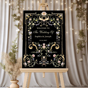 Vintage Garden Black Colourful Luxe Wedding Welcom Poster