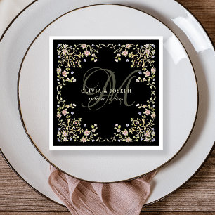 Vintage Garden Black   Colourful Wedding Monogram Napkin