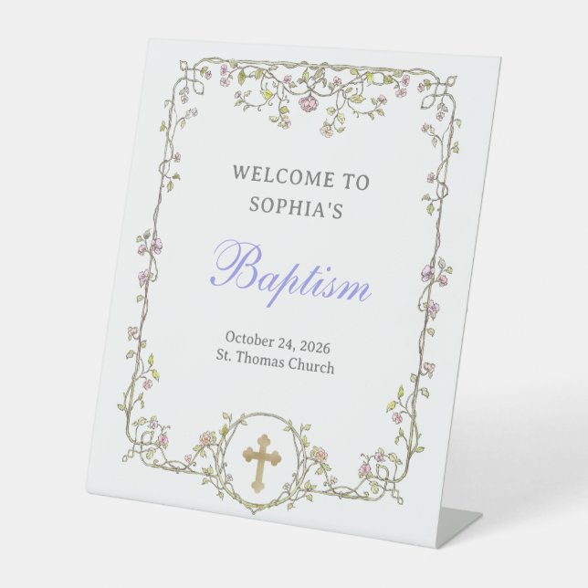 Vintage Garden | Colourful Elegant Baptism Welcome Pedestal Sign (Front)