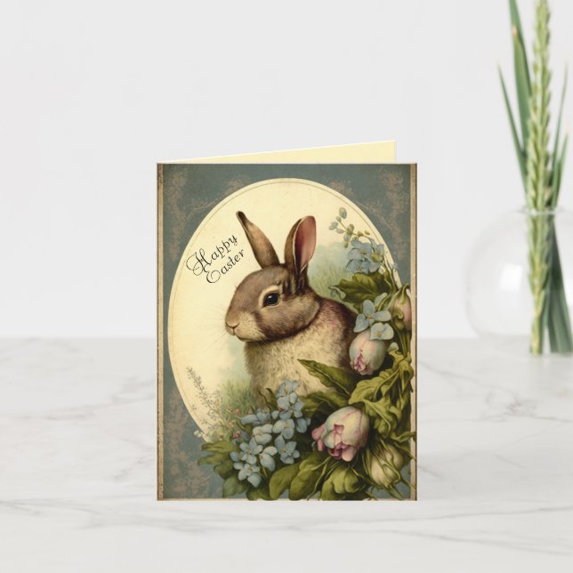 Vintage Garden Easter Bunny Greeting Card (Front)