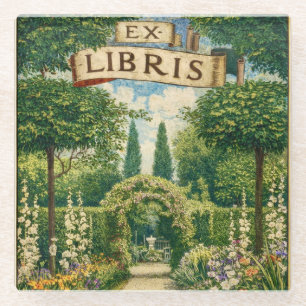 Vintage Garden Ex Libris Bookplate Glass Coaster