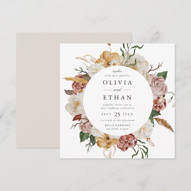 Vintage Garden Floral Frame Square Wedding Invitation (Front/Back)