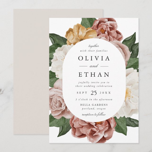 Vintage Garden Floral Oval Frame Wedding Invitation (Front/Back)