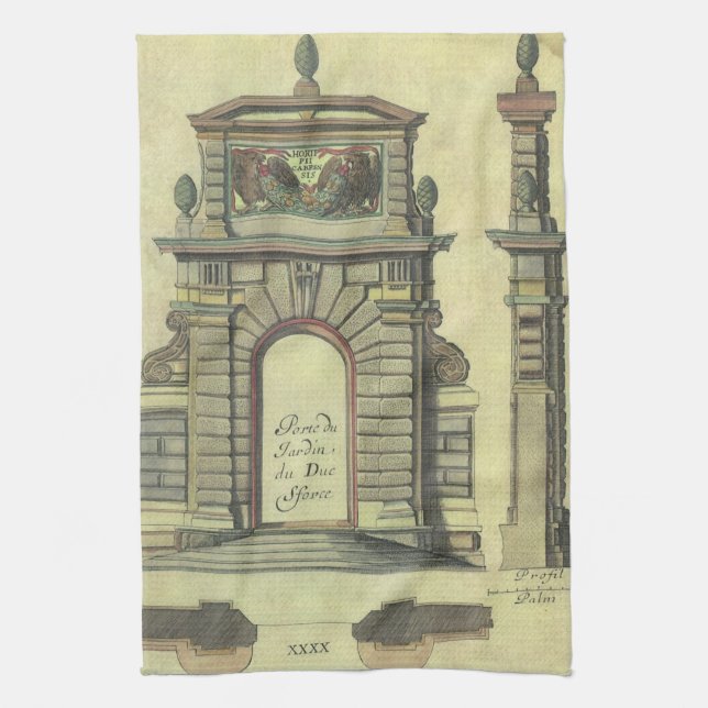 Vintage Garden Gate Arch, Renaissance Architecture Tea Towel (Vertical)